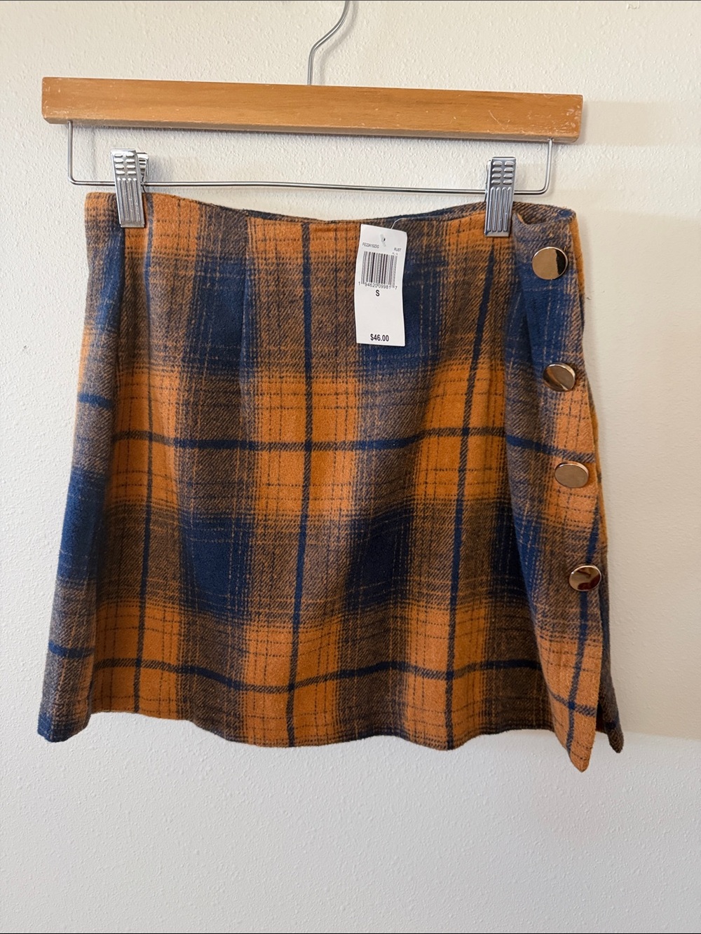 HYFVE Mustard and Navy Plaid Mini Skirt with Side Button Detail